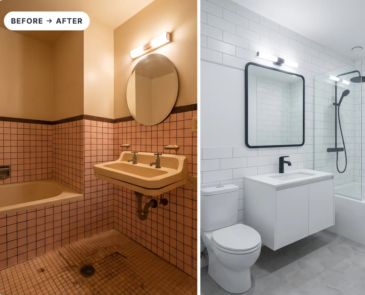 Bathroom before: pink tile, stained floor and a dated wall sink. After: white subway tile, floating vanity, glass shower screen and gray hex floor.