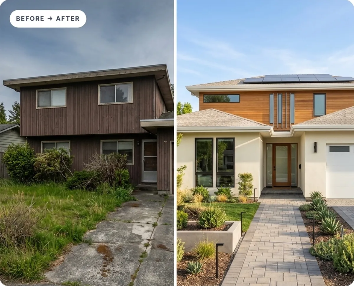 Home exterior before: worn brown siding, overgrown yard and cracked walkway. After: white stucco with wood accents, solar panels, new paver walkway and landscaping.