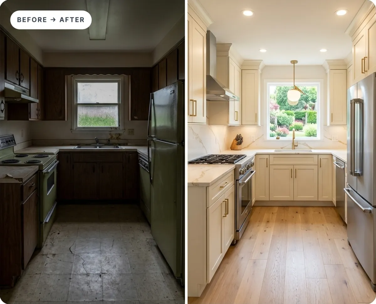 Kitchen before: dark wood cabinets, cracked floor tiles and old green appliances. After: cream shaker cabinets, marble counters, stainless appliances and oak floors.
